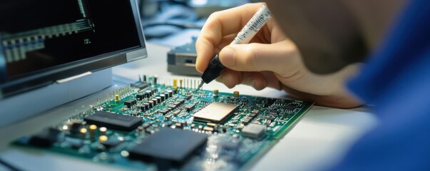 Engineer testing electronic circuit boards with precision tools, electronics quality control, component verification