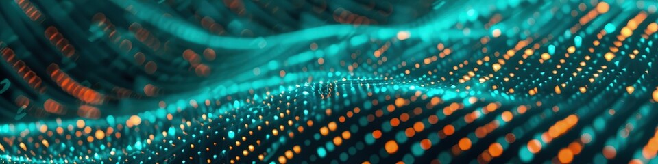 Fototapeta premium Digital glitch abstract background with pixelated curves, teal and neon orange graphic design pattern
