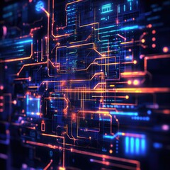 Abstract electronic circuit pattern with vibrant neon colors creating a futuristic digital design.