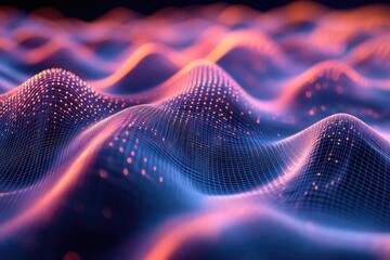 Abstract visualization of flowing waves and particles in vibrant colors, representing digital data or sound waves.