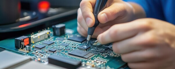 Engineer testing electronic circuit boards with precision tools, electronics quality control, component verification