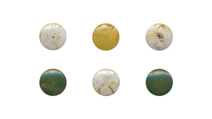 a set of colorful aged circles, rusty stationery tacks in png format, front view, isolated metal...