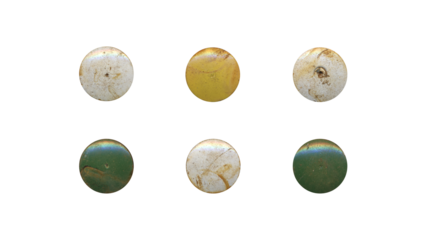 a set of colorful aged circles, rusty stationery tacks in png format, front view, isolated metal push rounded pins on transparent background	