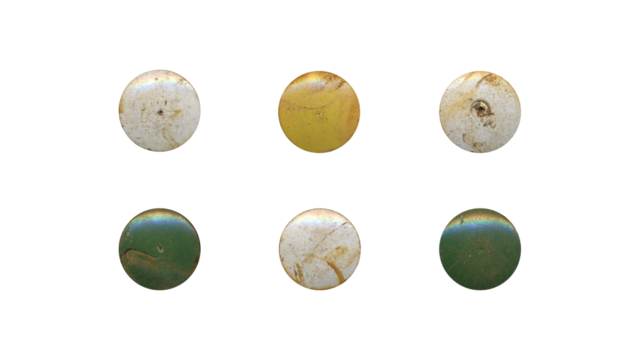 a set of colorful aged circles, rusty stationery tacks in png format, front view, isolated metal push rounded pins on transparent background	