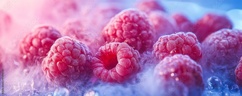 Wall mural Frozen raspberries lying on ice with smoke effect