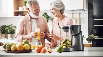 Happy senior couple preparing fresh juice together in a bright kitchen filled with fruits and a blender