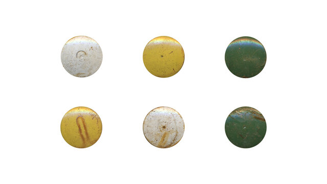 a set of colorful aged circles, rusty stationery tacks in png format, front view, isolated metal push rounded pins on transparent background	