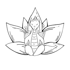 Monochrome Dragon sitting in lotus pose against the background of abstract waterlily flower. Animal practicing fitness exercises vector isolated illustration painted by black inks.