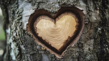 Heart shape carved into tree bark, revealing smooth wood grain, symbolizing love and nature