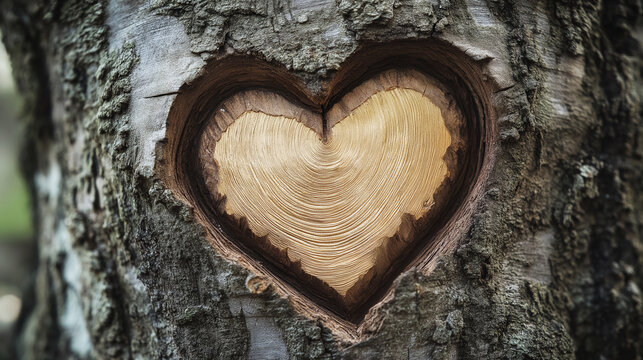 Heart shape carved into tree bark, revealing smooth wood grain, symbolizing love and nature