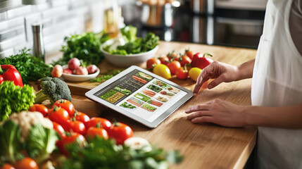 Person using tablet in kitchen surrounded by fresh vegetables, looking at online recipes while preparing healthy meal