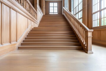 Obraz premium Grand oak staircase with ornate railing, symbolizing family history and architectural heritage, oak wood, heritage home