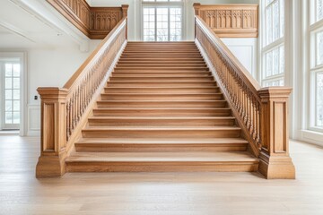 Grand oak staircase with ornate railing, symbolizing family history and architectural heritage, oak wood, heritage home