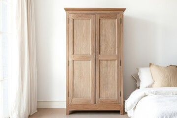 Handcrafted oak armoire with detailed woodwork, standing proudly in an antique-styled bedroom, oak furniture, wood craftsmanship