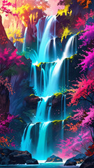 Fototapeta premium Majestic waterfall, vibrant nature colors of lush trees and falling water, phone wallpaper Full HD