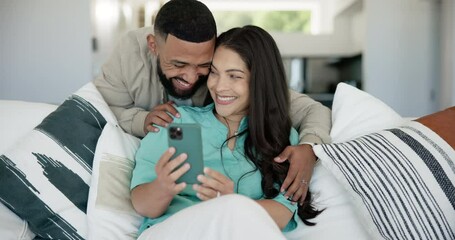 Man, woman and happy selfie with hug by couch, love and care bonding in marriage together with wellness support. Interracial couple, smartphone or smile in embrace with gratitude, technology or home