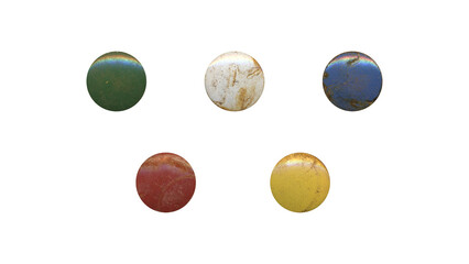 a set of colorful aged circles, rusty stationery tacks in png format, front view, isolated metal...