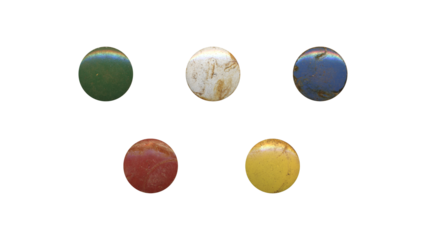 a set of colorful aged circles, rusty stationery tacks in png format, front view, isolated metal push rounded pins on transparent background	