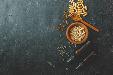 Natural vitamins organic on dark background