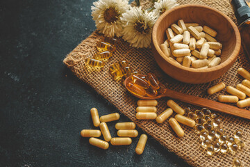 Natural vitamins organic on dark background