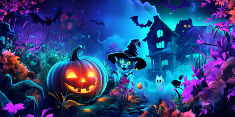 Whimsical Haunted House with Jack-O'-Lantern and Witch Cat