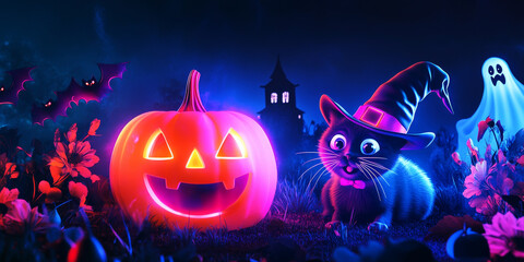 Cute Black Cat with Witch Hat and Glowing Pumpkin on Halloween Night