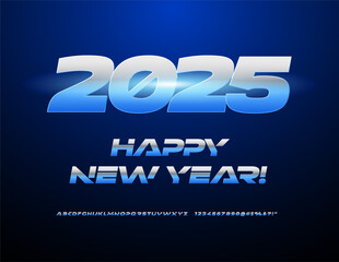 Vector modern Greeting Card Happy New Year 2025! Exclusive Silver Font. Futuristic Metallic Alphabet Letters and Numbers set.