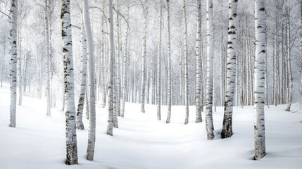Winter forest scene with tall white birch trees standing in deep snow, creating a serene and peaceful atmosphere