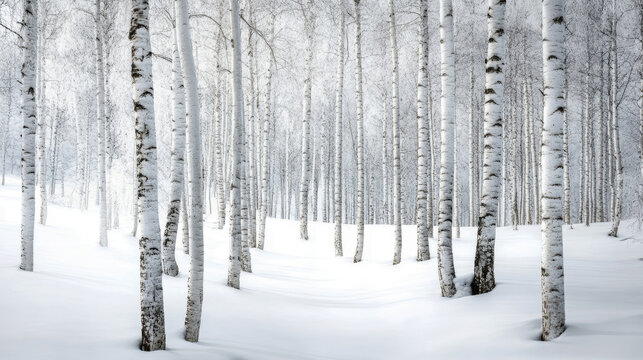 Winter forest scene with tall white birch trees standing in deep snow, creating a serene and peaceful atmosphere