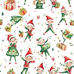 Festive Elves and Christmas Trees. Gift wrapping paper pattern. AI generated image