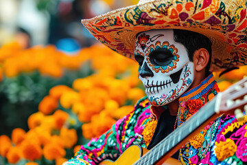 a person dressed in traditional Mexican attire typical for the D&iacute;a de los Muertos (Day of the Dead) celebration, including a sombrero and a colorfully embroidered jacket, with guitar 