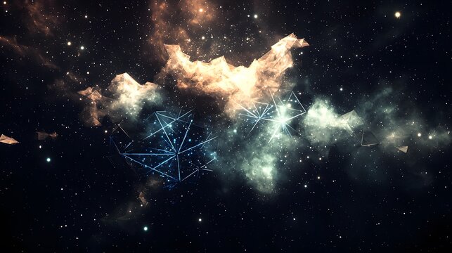 Stardust Pathways : Against a galactic highway, polygonal lines guide travelers. Blues and whites signify stardust trails. The copy space beckons for cosmic quotes or mission statements. 