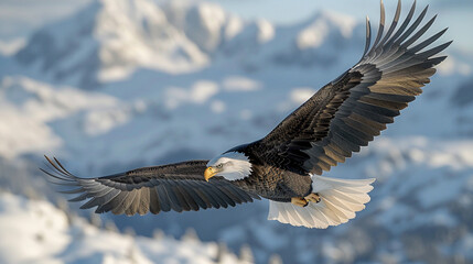 Fototapeta premium Majestic Eagle Soaring Over Snow-Capped Peaks