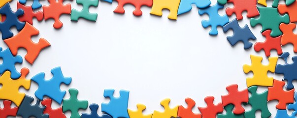 Colorful jigsaw puzzle pieces creating a frame on white background