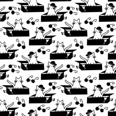 Cute seamless pattern  traveling cat, glasses, suitcase. Hand drawn doodle stile elements.