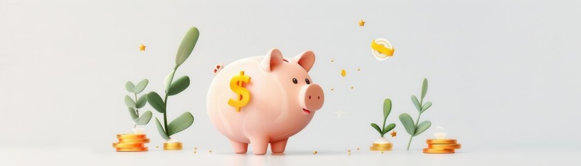Obraz premium Cute piggy bank with dollar sign, surrounded by greenery and gold coins.