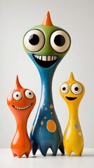 Three happy cartoon aliens posing together on white background
