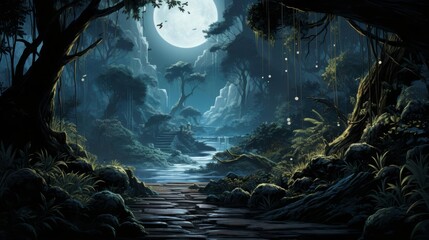 Fototapeta premium A serene illustration of a moonlit bamboo forest with a path winding through