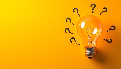 A bright light bulb surrounded by question marks on a vibrant yellow background, symbolizing ideas and curiosity.