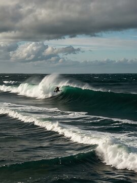 Kitesurfer riding waves off the Irish coast.