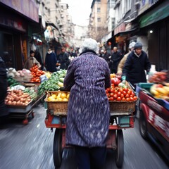 Obraz premium a woman pushing a cart full of fruit down a street