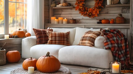 Autumn cozy home interior with candles, pumpkins and flowers AI generated