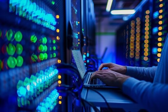 A technician types on a laptop while managing server configurations amid glowing server racks full of blinking lights in a busy data center.