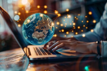A person sits at a desk, focused on typing on a laptop while a glowing globe with illuminated connections hovers above, signifying global communication and technology advancement.