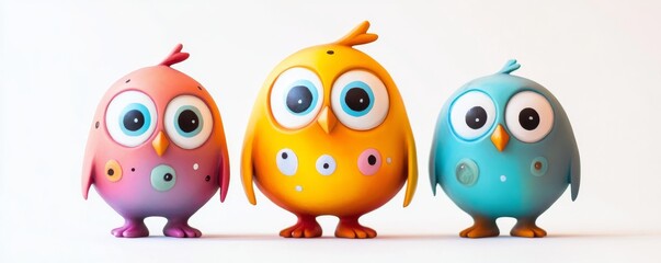 Three funny cartoon birds looking at camera