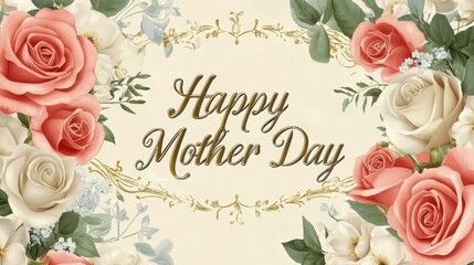 A beautiful banner features roses and lilies with the greeting Happy Mother Day in gold cursive