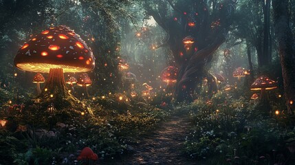 A magical forest path lit by glowing mushrooms.