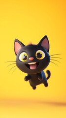 Cute black cat jumping and having fun on yellow background
