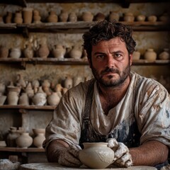 a man is sitting in front of a pottery shop