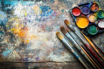 Obraz premium paint brushes and paint on a wooden table